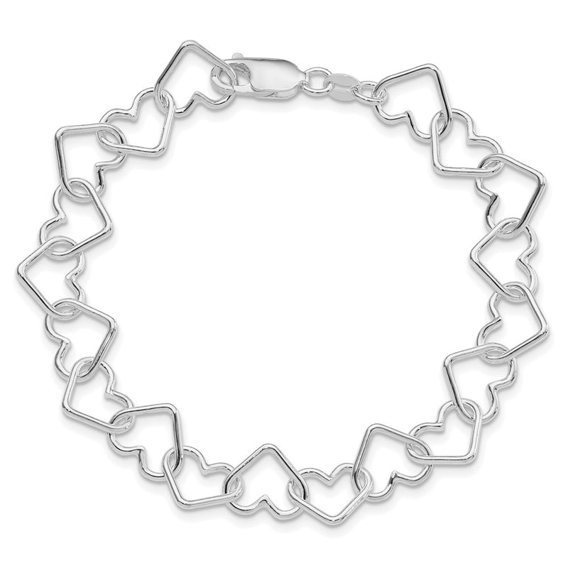 Sterling Silver Rhodium-Plated 8inch Polished Fancy Large Heart Link Bracel