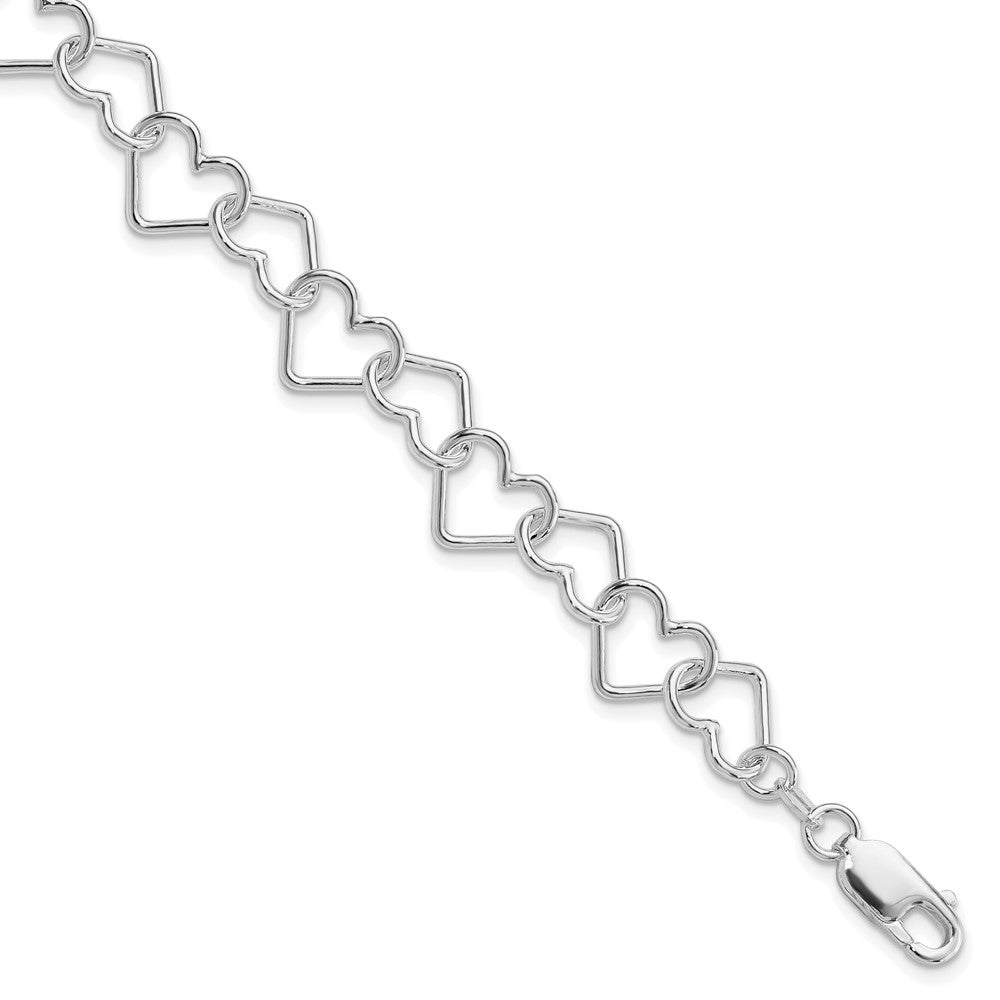 Sterling Silver Rhodium-Plated 8inch Polished Fancy Large Heart Link Bracel