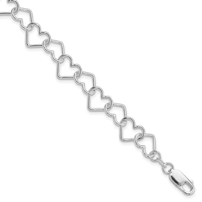 Sterling Silver Rhodium-Plated 8inch Polished Fancy Large Heart Link Bracel
