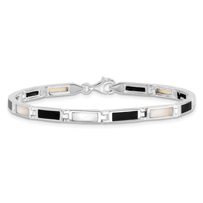 7 Inch Sterling Silver Rhodium-Plated 7In Onyx/Mother Of Pearl Bracelet