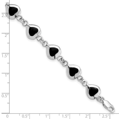 7 Inch Sterling Silver Rhodium-Plated 7Inch Fancy Polished Heart Onyx Bracelet