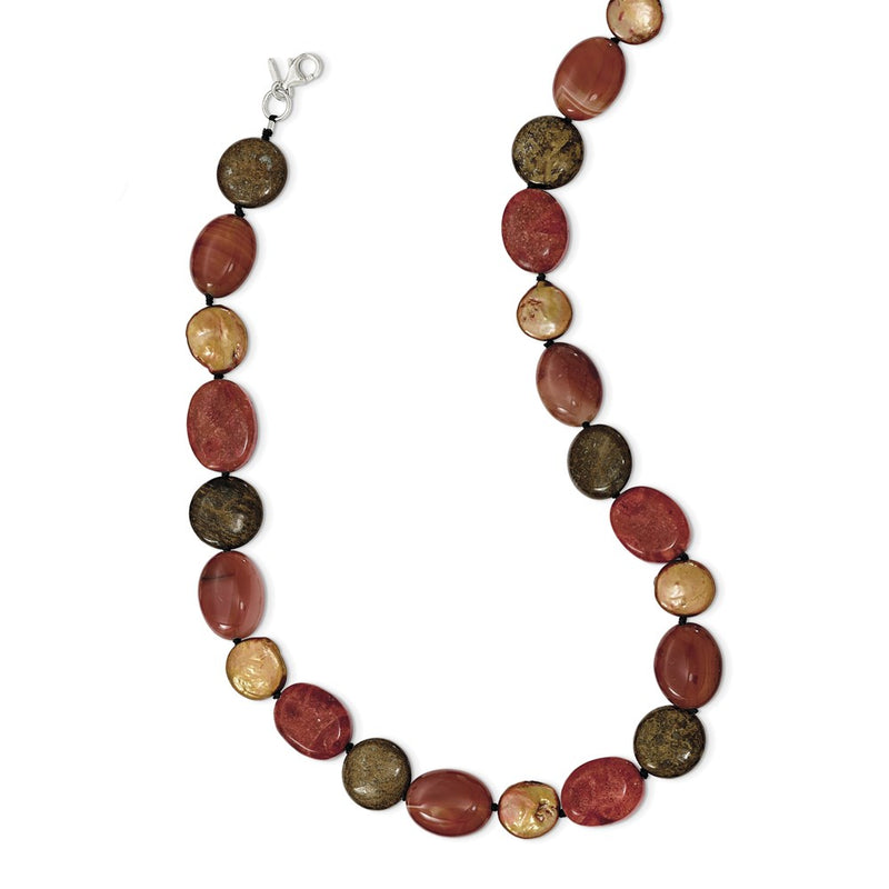 Sterling Silver Tiger Eyes/Carnelian/Reconst. Coral/Fw Cult. Pearl Necklace