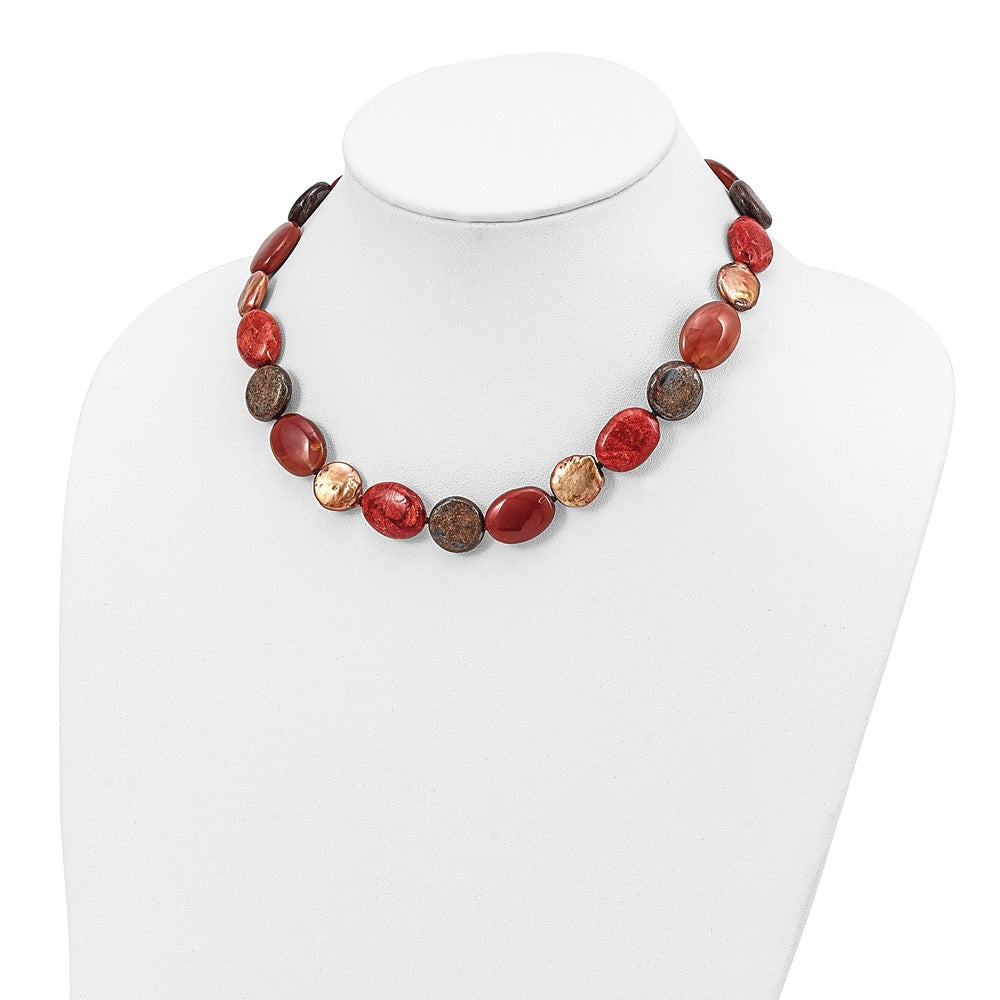 Sterling Silver Tiger Eyes/Carnelian/Reconst. Coral/Fw Cult. Pearl Necklace