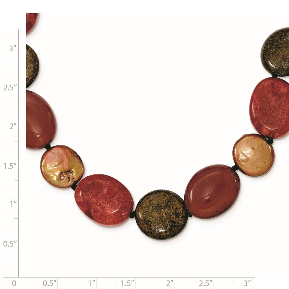 Sterling Silver Tiger Eyes/Carnelian/Reconst. Coral/Fw Cult. Pearl Necklace