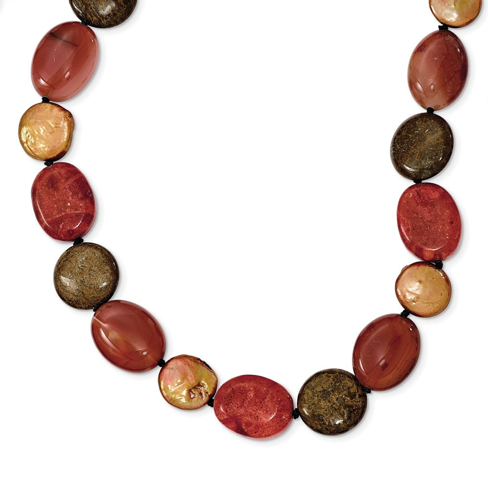 Sterling Silver Tiger Eyes/Carnelian/Reconst. Coral/Fw Cult. Pearl Necklace