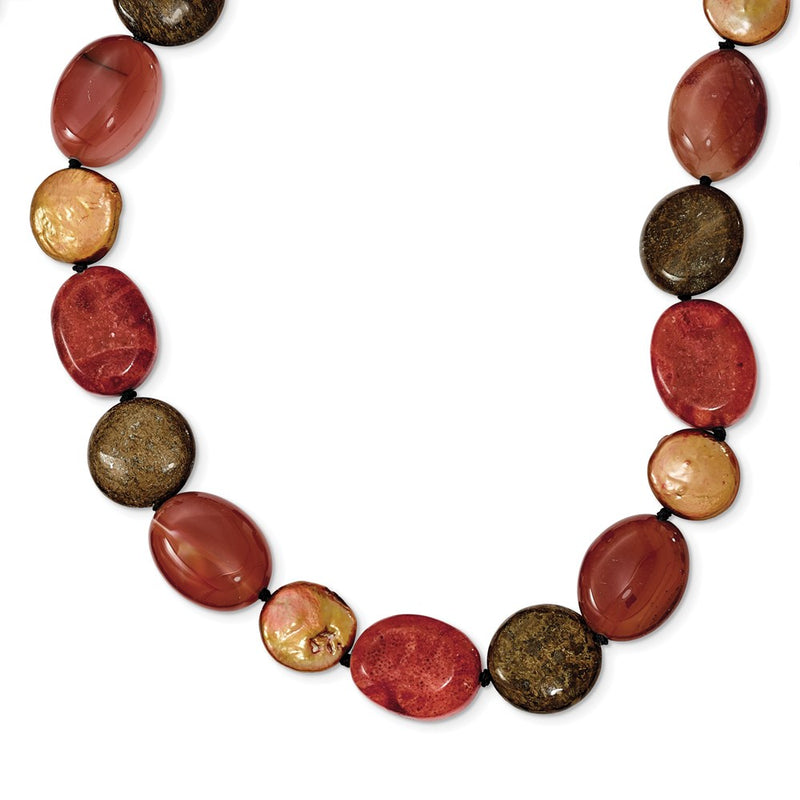 Sterling Silver Tiger Eyes/Carnelian/Reconst. Coral/Fw Cult. Pearl Necklace