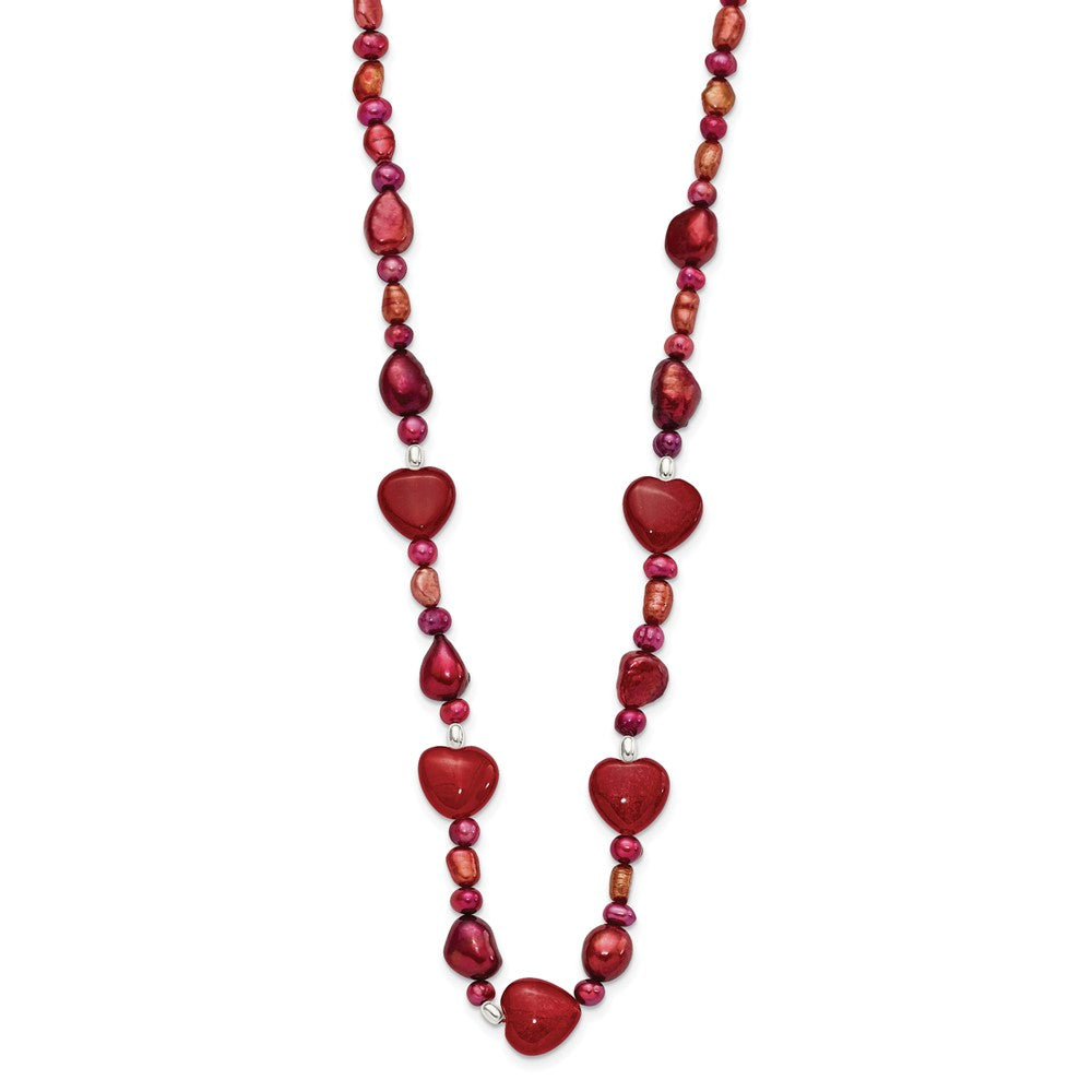 Sterling Silver Red Jade Hearts/Fw Cultured Pearl Necklace