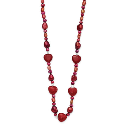 Sterling Silver Red Jade Hearts/Fw Cultured Pearl Necklace