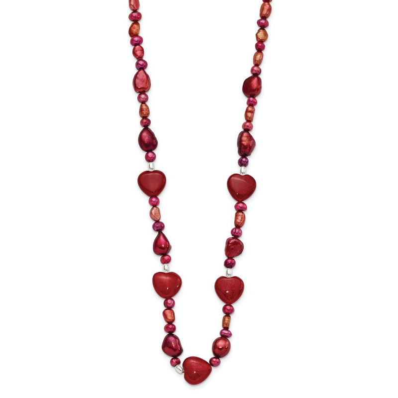 Sterling Silver Red Jade Hearts/Fw Cultured Pearl Necklace