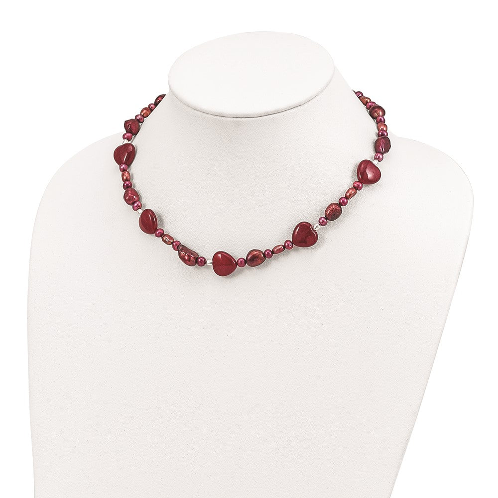 Sterling Silver Red Jade Hearts/Fw Cultured Pearl Necklace