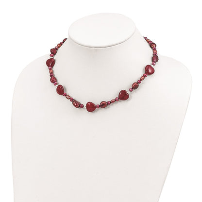 Sterling Silver Red Jade Hearts/Fw Cultured Pearl Necklace