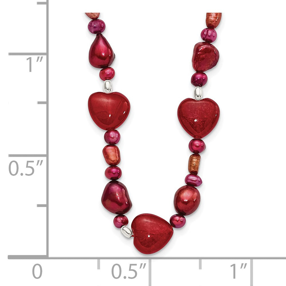 Sterling Silver Red Jade Hearts/Fw Cultured Pearl Necklace