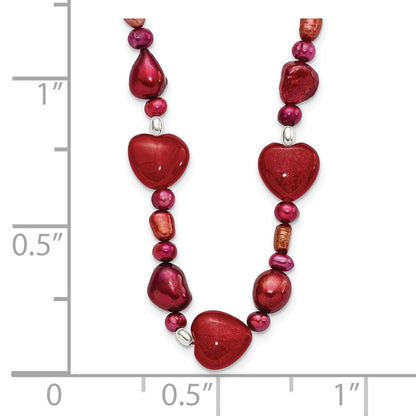 Sterling Silver Red Jade Hearts/Fw Cultured Pearl Necklace