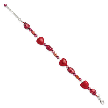 17 Inch Sterling Silver Red Jade Hearts/Fw Cultured Pearl Bracelet