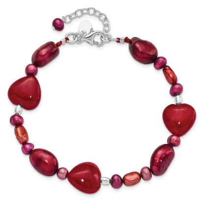 17 Inch Sterling Silver Red Jade Hearts/Fw Cultured Pearl Bracelet
