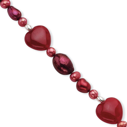 17 Inch Sterling Silver Red Jade Hearts/Fw Cultured Pearl Bracelet