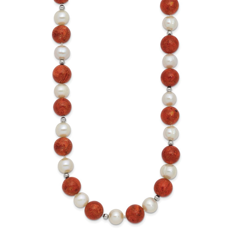 Sterling Silver Rhod-Pltd Fwc Pearl / Stabilized Red Coral Necklace