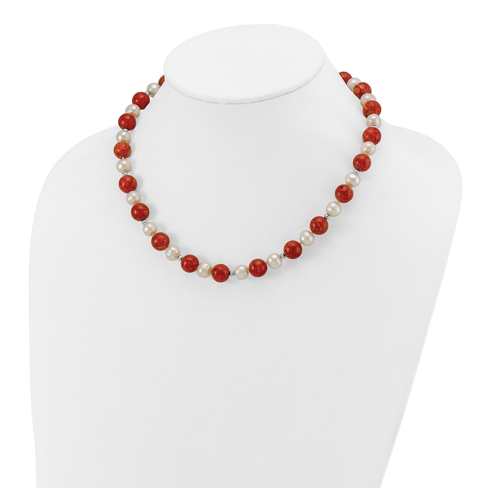 Sterling Silver Rhod-Pltd Fwc Pearl / Stabilized Red Coral Necklace