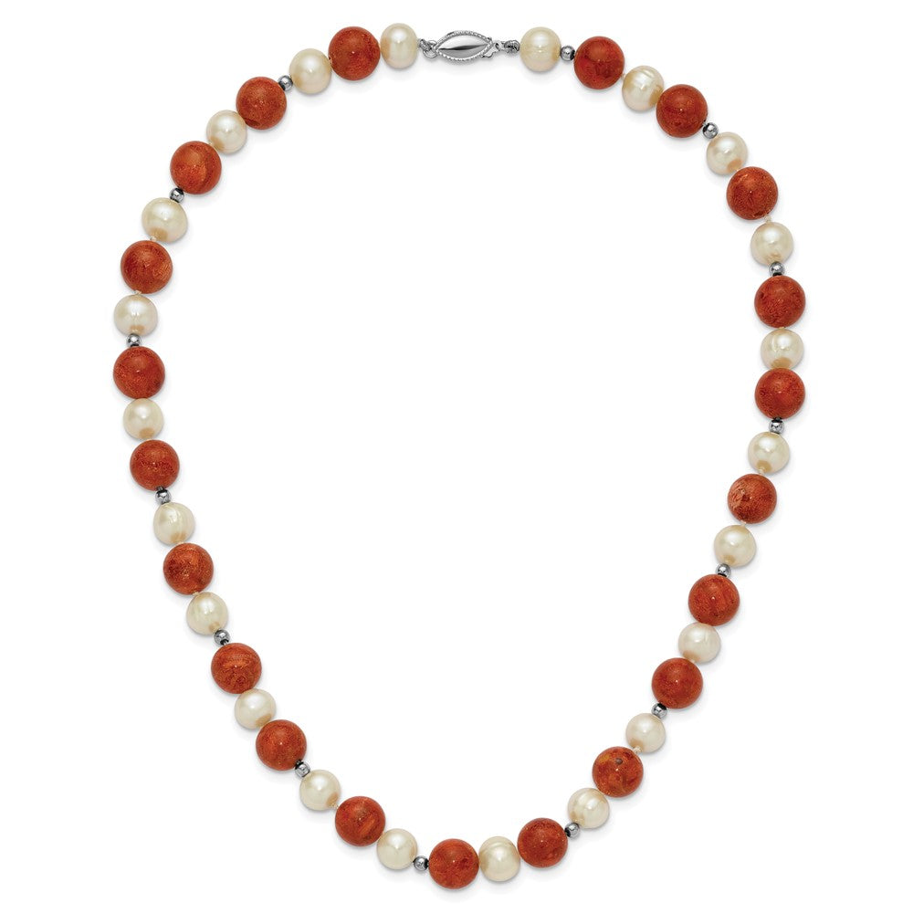 Sterling Silver Rhod-Pltd Fwc Pearl / Stabilized Red Coral Necklace