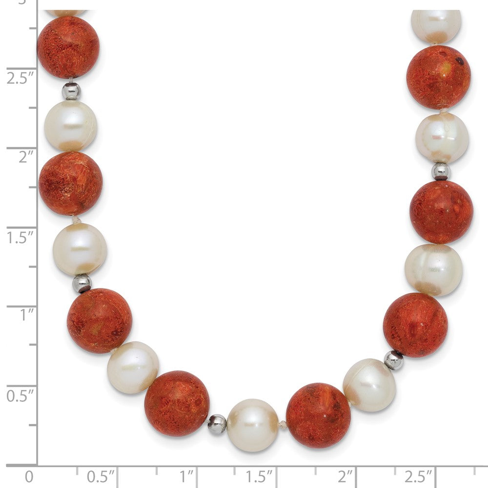 Sterling Silver Rhod-Pltd Fwc Pearl / Stabilized Red Coral Necklace