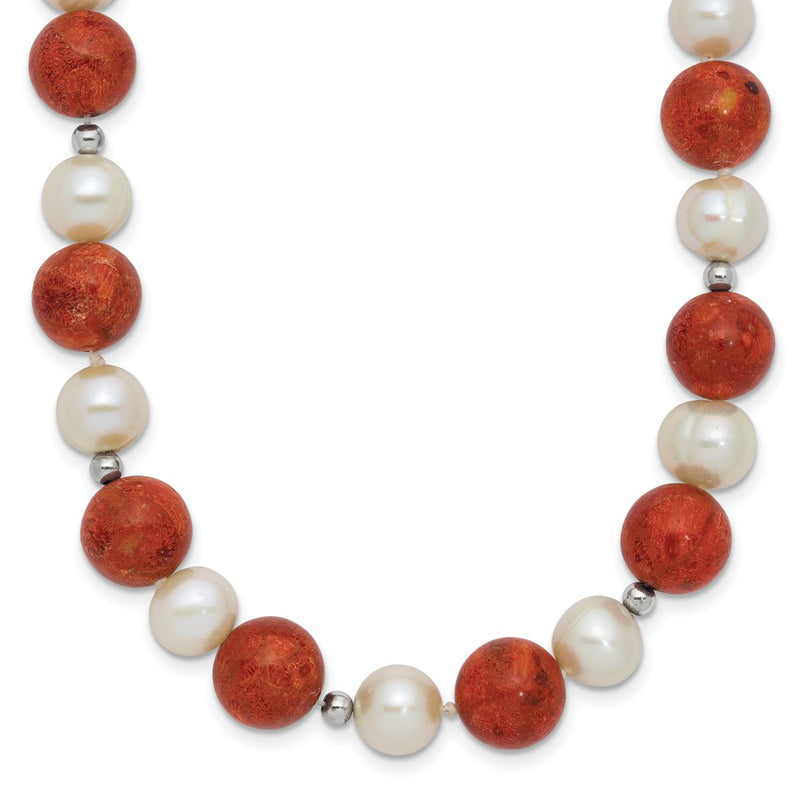 Sterling Silver Rhod-Pltd Fwc Pearl / Stabilized Red Coral Necklace