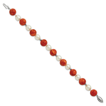 7.5 Inch Sterling Silver Fw Cultured Pearl/Stabilized Red Coral Bracelet