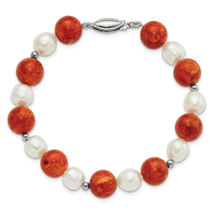 7.5 Inch Sterling Silver Fw Cultured Pearl/Stabilized Red Coral Bracelet