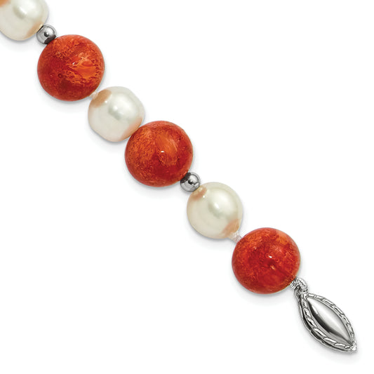 7.5 Inch Sterling Silver Fw Cultured Pearl/Stabilized Red Coral Bracelet