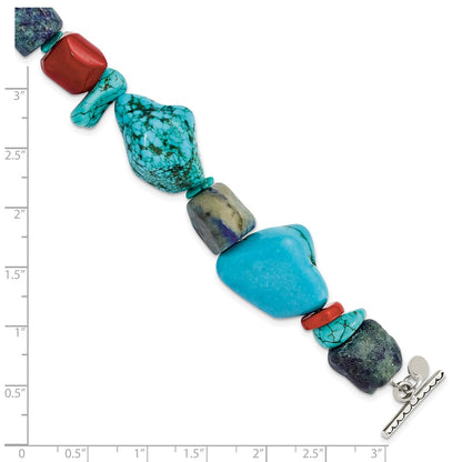 8 Inch Sterling Silver Red Coral/Howlite/Lapis/Turquoise Bracelet