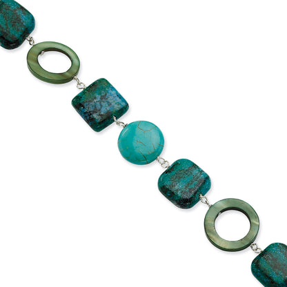 8.5 Inch Sterling Silver Chrysocolla, Dyed Howlite & Mother Of Pearl W/ 1.5In Ext Bracelet
