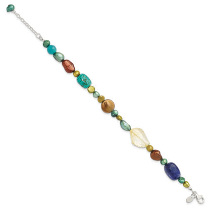 7.5 Inch Sterling Silver Citrine/Lapis/Dyed Howlite/Fw Cultured Pearl Bracelet