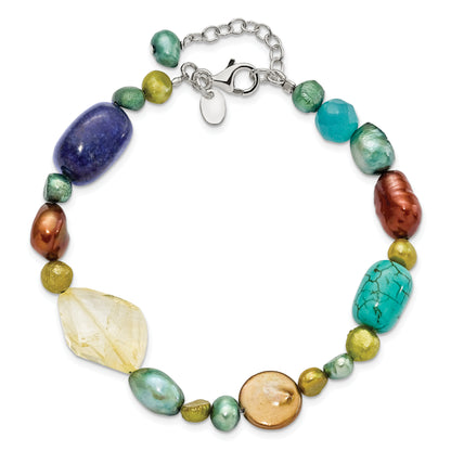 7.5 Inch Sterling Silver Citrine/Lapis/Dyed Howlite/Fw Cultured Pearl Bracelet