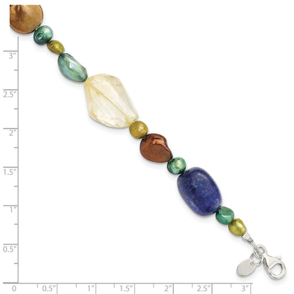 7.5 Inch Sterling Silver Citrine/Lapis/Dyed Howlite/Fw Cultured Pearl Bracelet