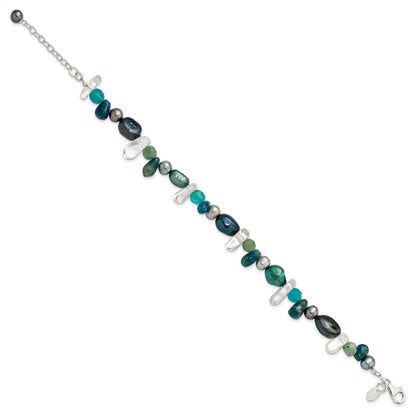 7.75 Inch Sterling Silver Aventurine, Synthetic Blue Quartz/Fwc Pearl Bracelet