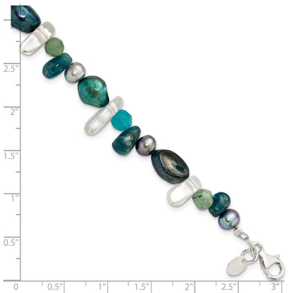 7.75 Inch Sterling Silver Aventurine, Synthetic Blue Quartz/Fwc Pearl Bracelet