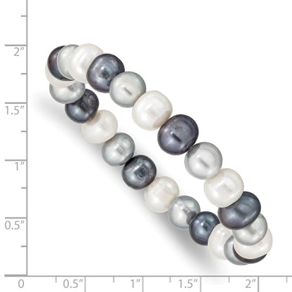 7.5 Inch 8-9mm Fw Cultured White/Platinum/Black Pearl Stretch Bracelet