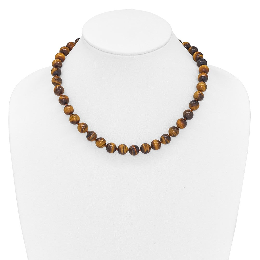 Sterling Silver 10-10.5mm Smooth Beaded Tiger Eye Necklace W/Sterling S.Rh Clasp