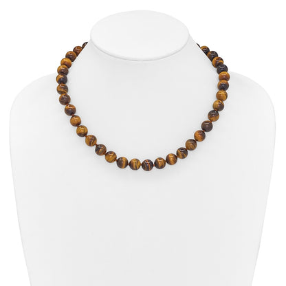Sterling Silver 10-10.5mm Smooth Beaded Tiger Eye Necklace W/Sterling S.Rh Clasp