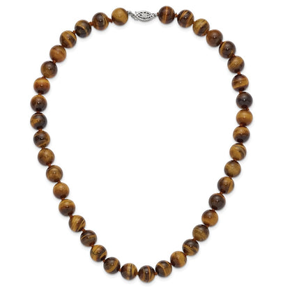 Sterling Silver 10-10.5mm Smooth Beaded Tiger Eye Necklace W/Sterling S.Rh Clasp