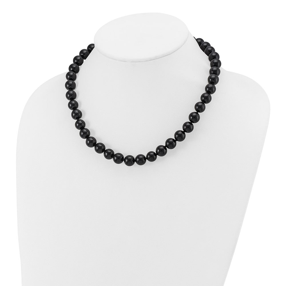 Sterling Silver 10-10.5mm Smooth Beaded Black Agate Necklace W/Sterling S.Rh Clasp