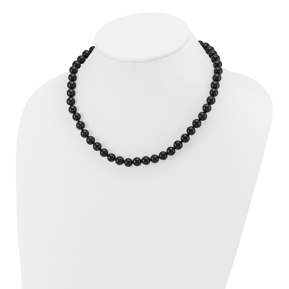 Sterling Silver 8-8.5mm Smooth Beaded Black Agate Necklace W/Sterling S.Rh Clasp
