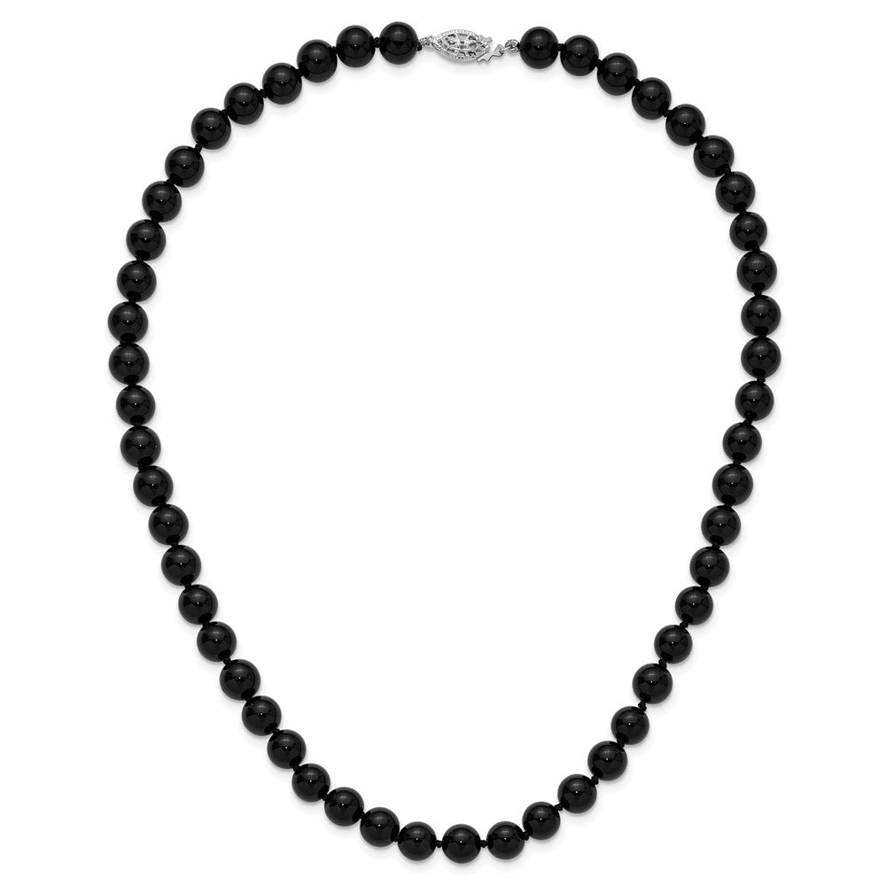 Sterling Silver 8-8.5mm Smooth Beaded Black Agate Necklace W/Sterling S.Rh Clasp