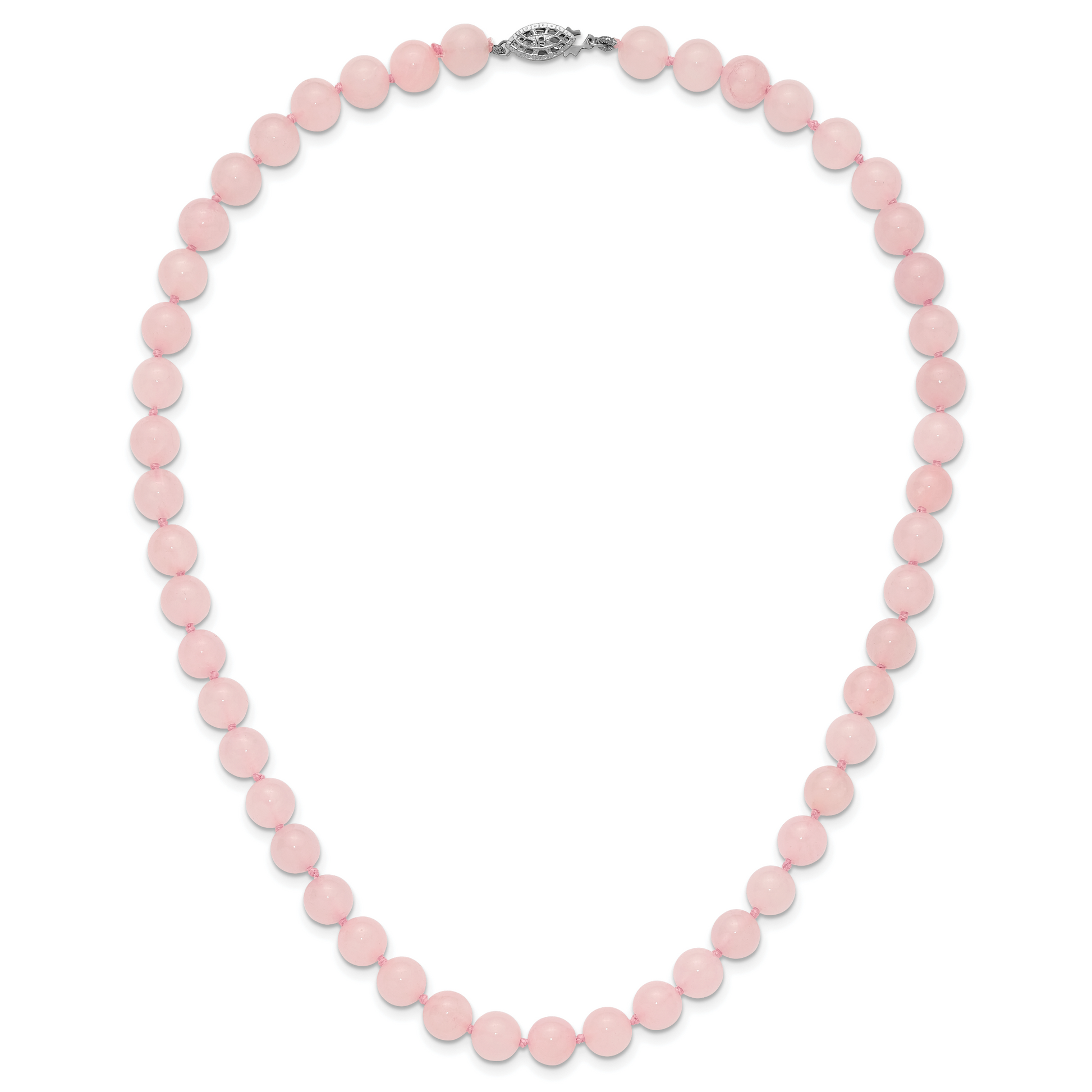 Sterling Silver 8-8.5mm Smooth Beaded Rose Quartz Necklace W/Sterling S.Rh Clasp