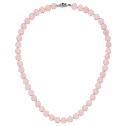 Sterling Silver 8-8.5mm Smooth Beaded Rose Quartz Necklace W/Sterling S.Rh Clasp