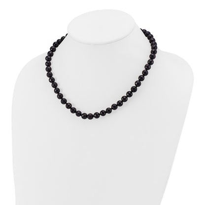 Sterling Silver Rhod-Pltd 8-8.5mm Faceted Black Agate Necklace