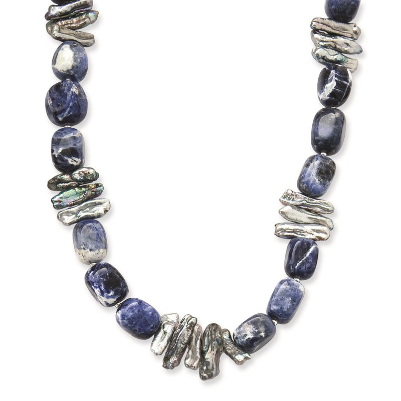 Sterling Silver Sodalite/Grey Fw Cultured Pearl Necklace