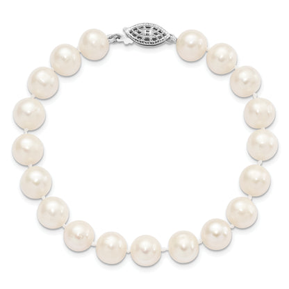 7.25 Inch Sterling Silver Rhodium 8-9mm White Freshwater Cultured Pearl Bracelet