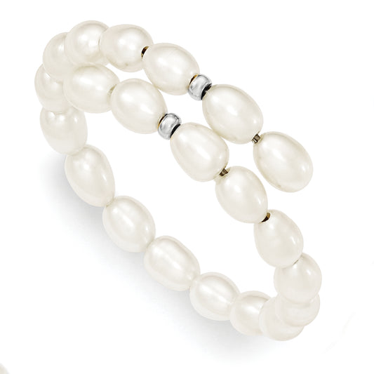 7.5 Inch Sterling Silver Rh 7-8mm White Rice Fw Cultured Pearl Flexible Bracelet