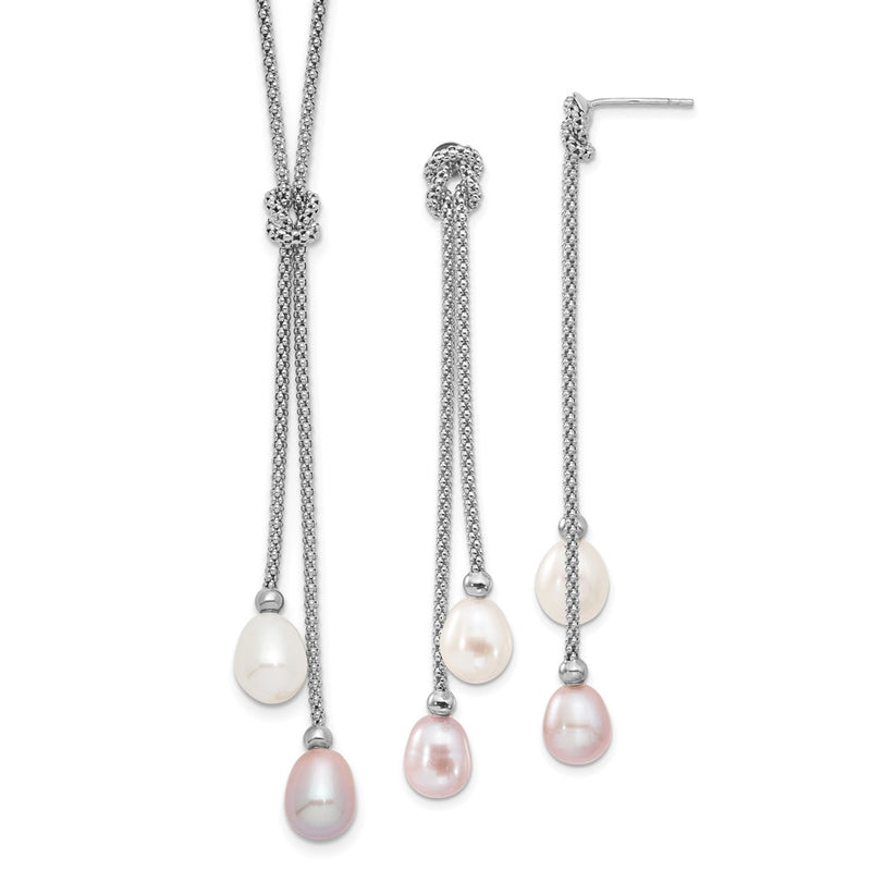 Sterling Silver Rhodium Fwc Pearl Knot 18 In. Necklace/Earring Set