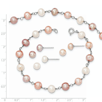 Sterling Silver Rh White/Pink/Purple Fwc Pearl Neck/Bracelet/Ear Set